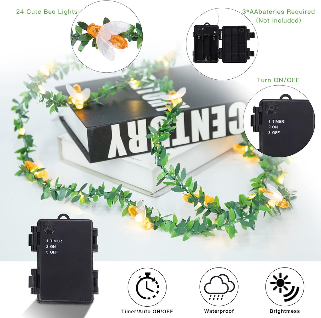 Vigdur 2 Packs Vine Lights - Tiny Leaf Ivy String Lights with 48 Bee Lights Battery Powered Waterproof Fairy Light Indoor Outdoor for Bedroom Party Garden Wall Décor St. Patrick's Day