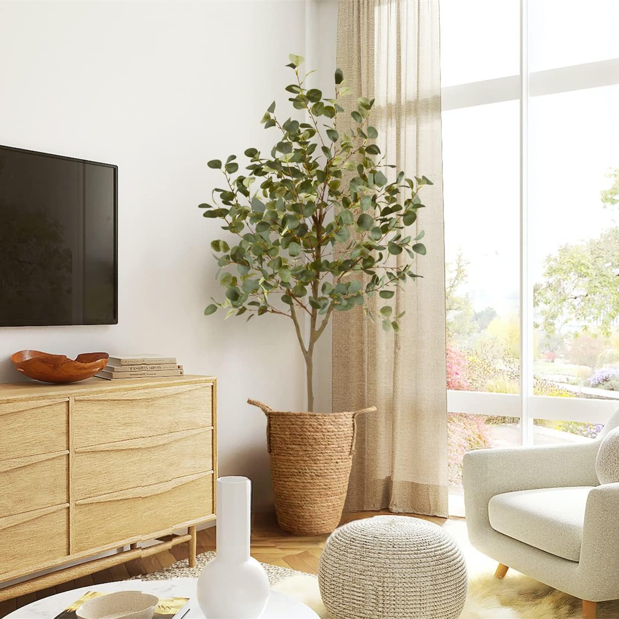 Artificial Eucalyptus Tree, 6ft Tall Fake Eucalyptus Plant with Basket, Green Silver Dollars Silk Leaves Faux Tree for Home Office Livingroom Floor Decor Indoor