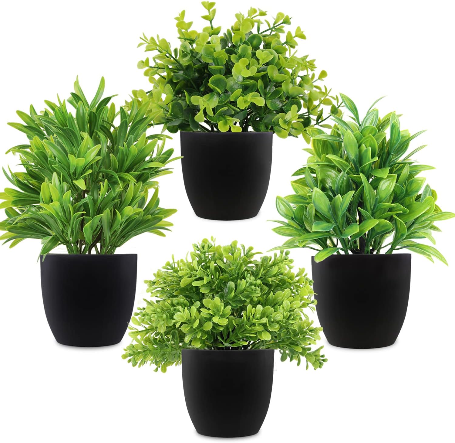LELEE Artificial Potted Plants Mini Fake Plants, 4 Pack Medium Eucalyptus Potted Faux Decorative Grass Plant with Black Plastic Pot for Home Decor, Indoor, Office, Desk, Table Decoration