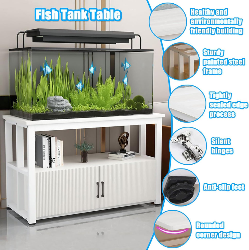 5-75 Gallon Aquarium Stands, 3 Tier Metal Frame Fish Tank Stand with Cabinet Storage, Reptile Tank Stand for Home Living Room Bedroom Office, 2200LBS Capacity (white+white, L27.6″*W15.7″*H23.6″)