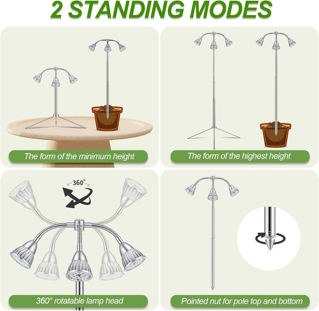Grow Lights with 3 Heads for Indoor Plants, 10-55 Inches Height Adjustable Aluminum Alloy, Full Spectrum Plant Growing Lamps with Detachable Tripod Stand, Auto On/Off Timer