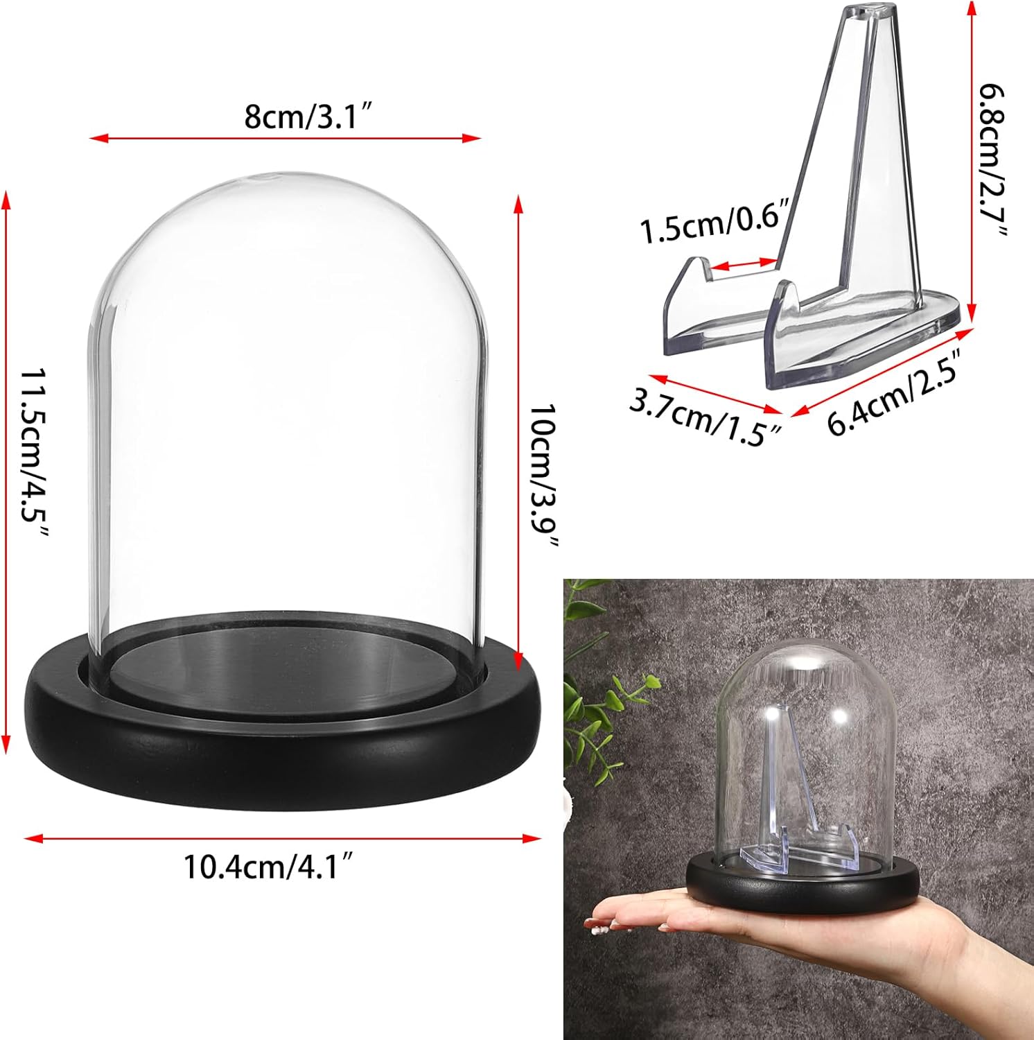 JUXYES Clear Watch Glass Display Dome Cloche with Display Stand, Clear Terrarium Jar Cloche Bell with Wooden Base, Glass Display Dome for Pocket Watches Medals Coins Ornaments