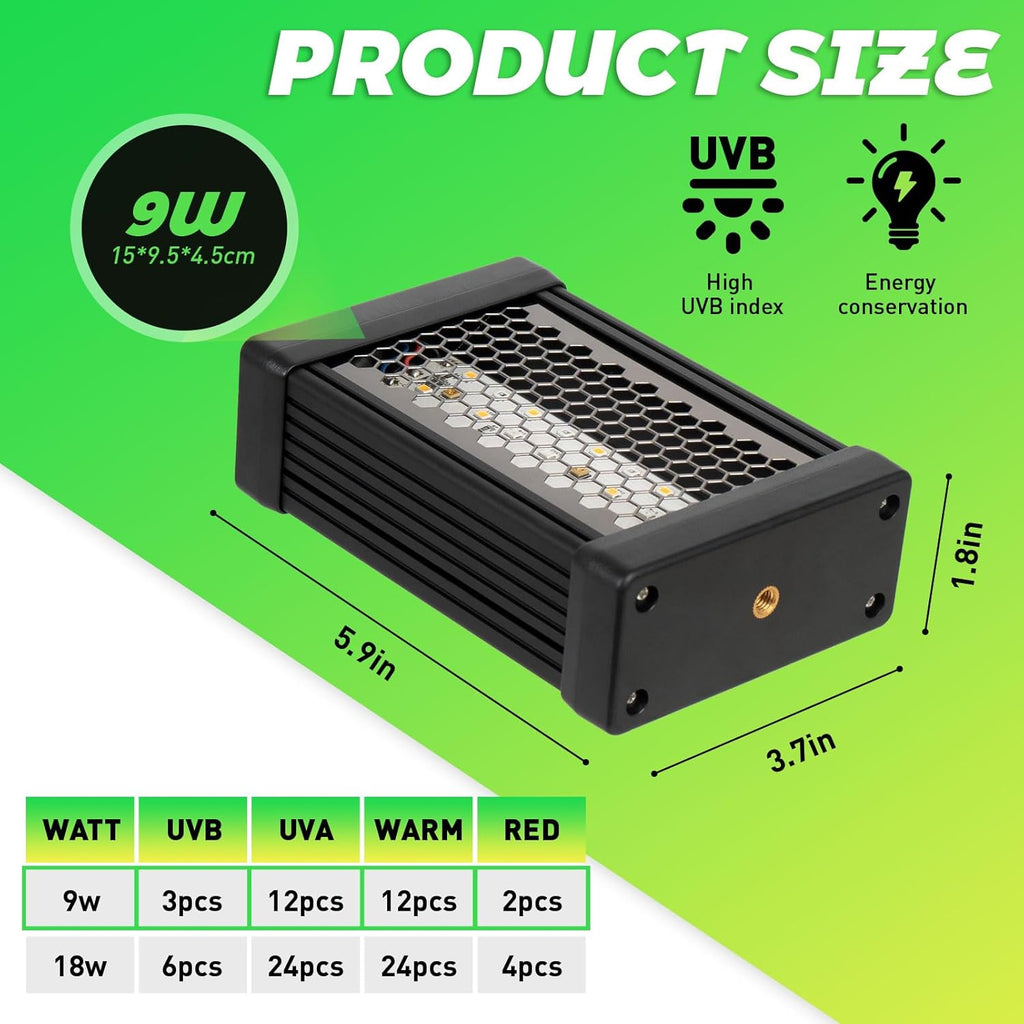 UVB Reptile Light, 9W UVA UVB LED Heater Lamp Bar for Bearded Dragon, Turtles, Gecko, Snake, Lizard, Adjustable 6/10/12H Timer, Dimmable with 3 Lighting Modes