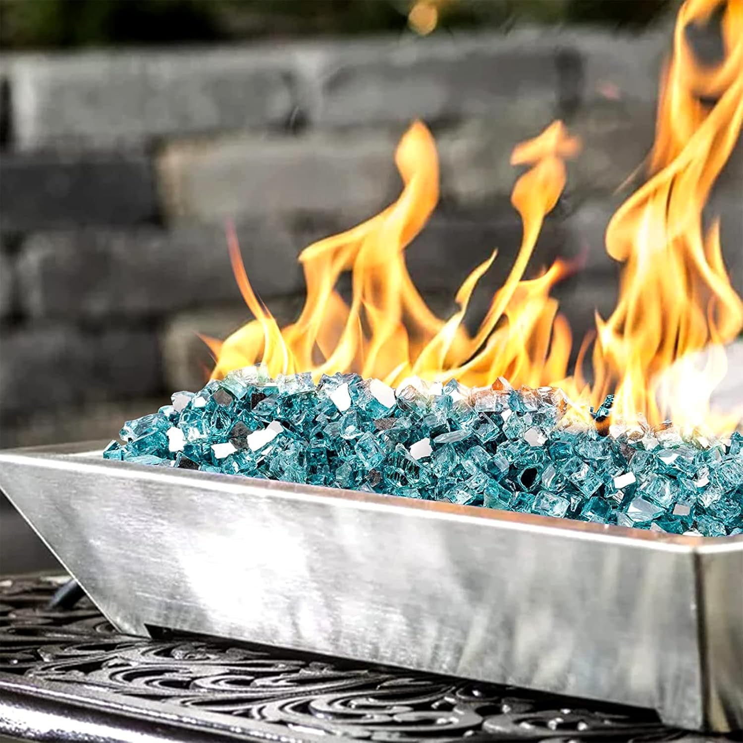 Onlyfire 10 pounds Fire Glass for Propane Fire Pit and Gas Fireplace, 1/4 Inch Reflective Firepit Glass Rocks for Fire Pit Table and Fire Bowl, High Luster Aqua Blue