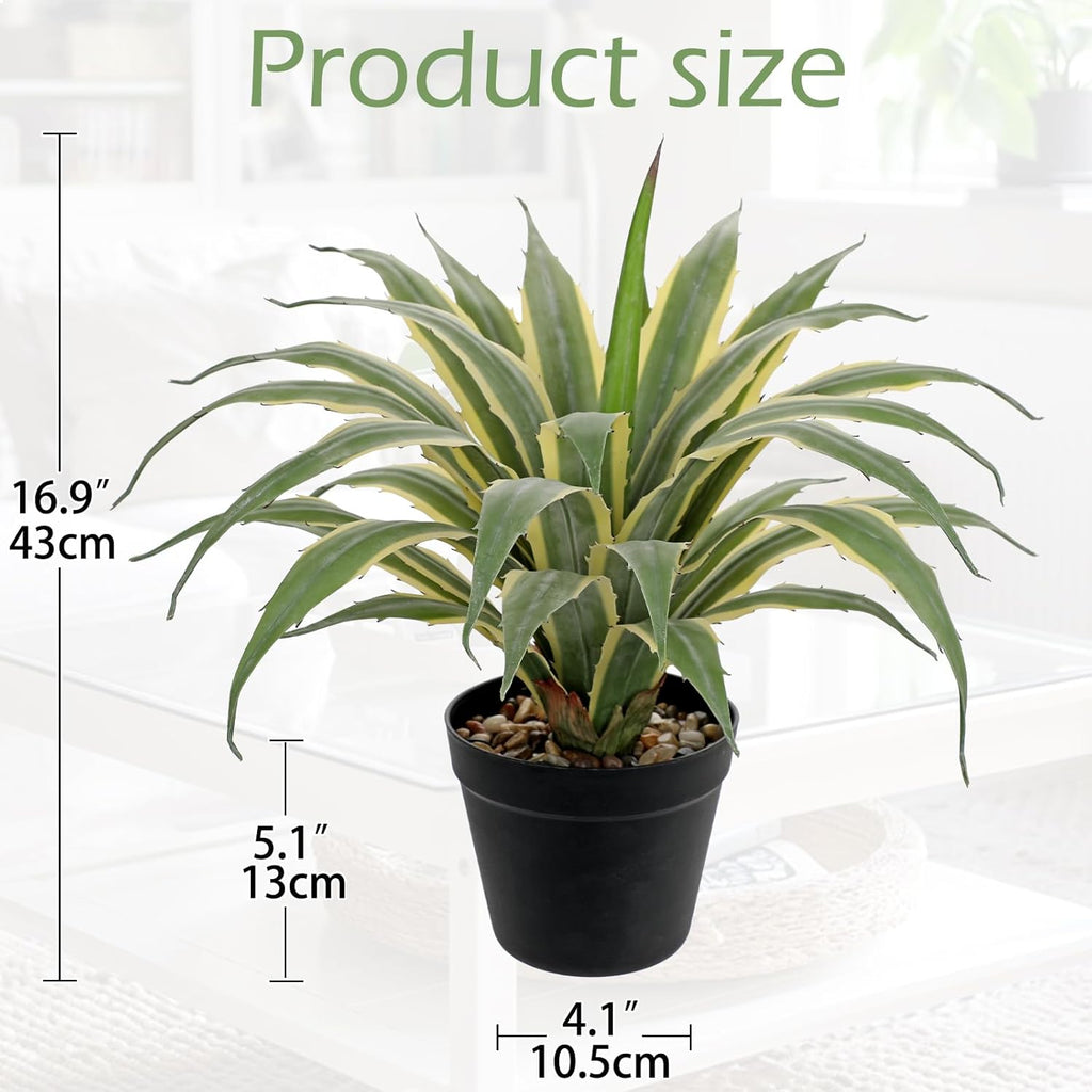 Hollyone Large Artificial Agave Plants 16.9" Tall Fake Agave Plant in Black Pot with Real Stone Pebbles Faux Succulent Aloe Tropical Plants Potted for Indoor Outdoor Home Patio Garden Decor