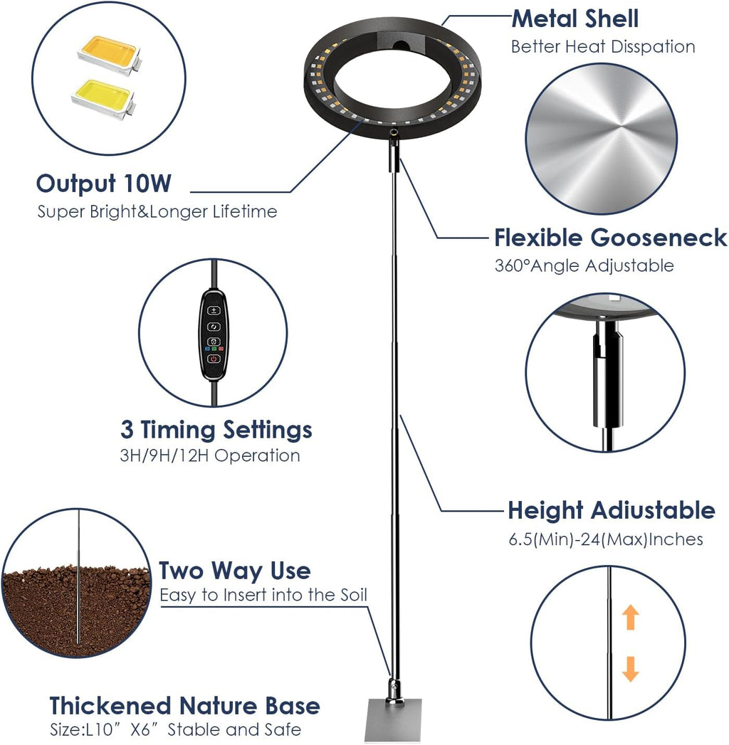 IMVSINCERE Halo Grow Light for Indoor Plants 72 LEDs - Adjustable Height （6.5-25 in） Full Spectrum LED Growing Lamp with Base, Auto On/Off Timer (3/9/12H), 10 Dimmable Brightness, 5V Adapter 160MM