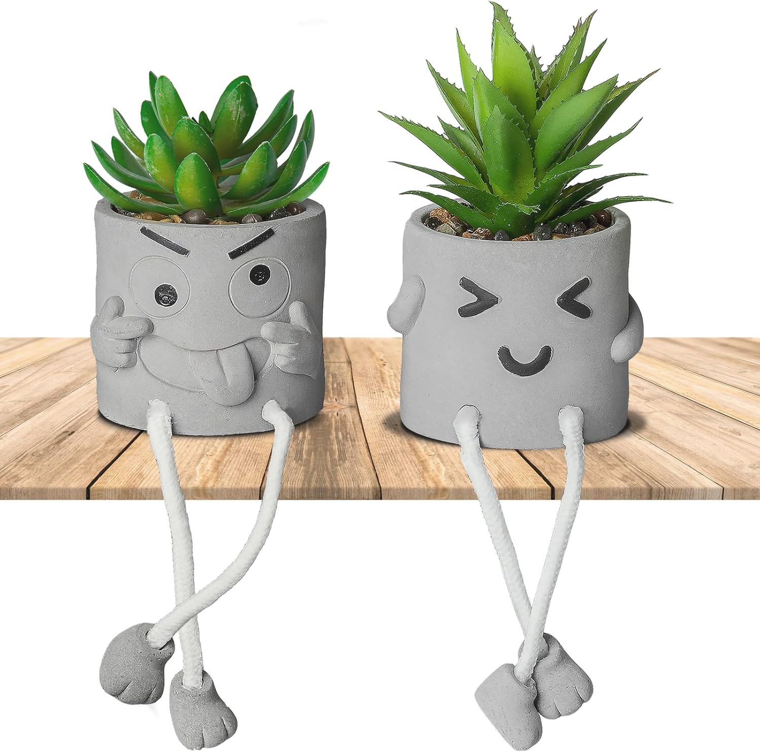 Creative Artificial Succulent Plants in pots - 2 Pieces Mini Fake Plant Faux Succulent Emotional Cement Potted for Home Desk Shelf Kitchen and Office Decor (2PCS)