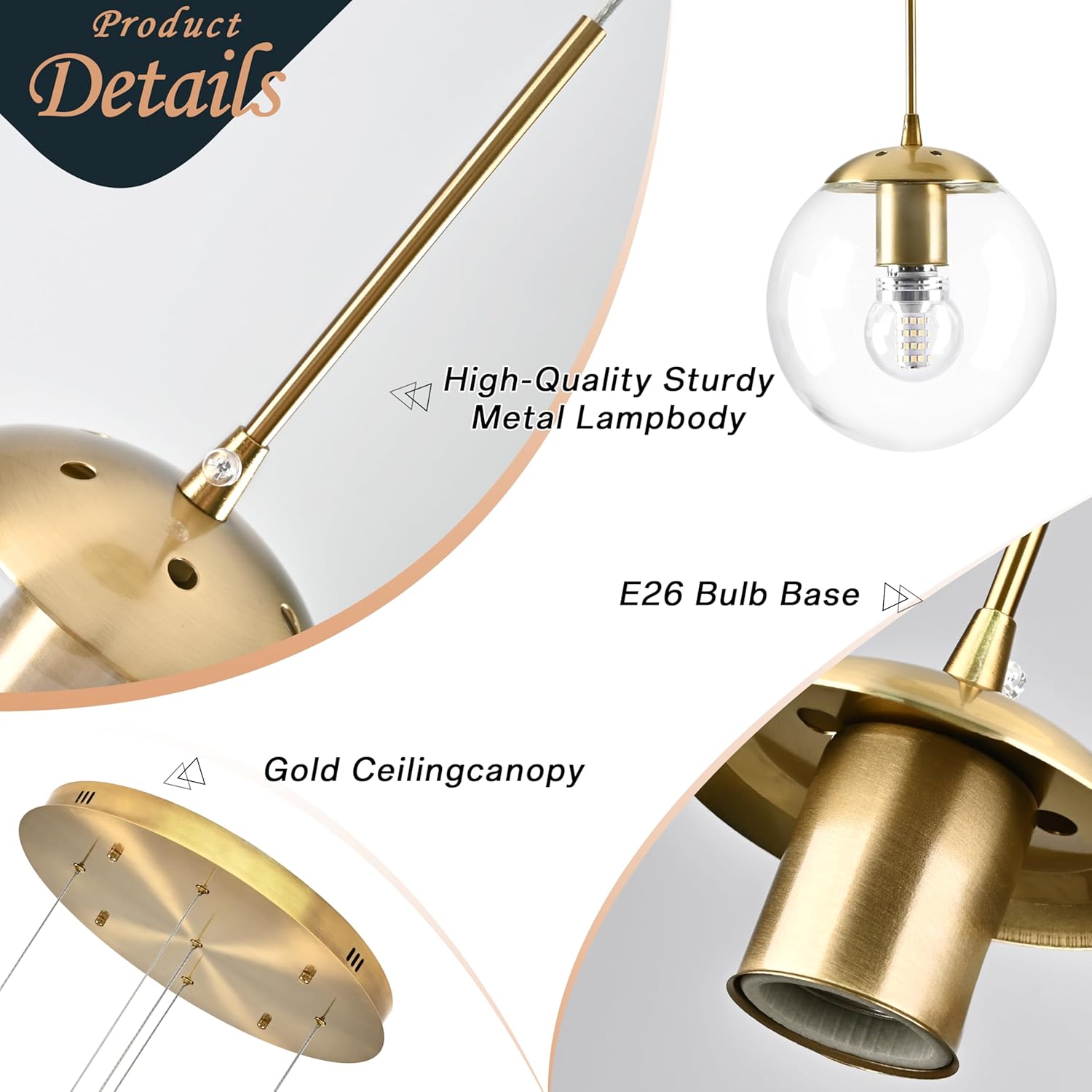 KoKo&Yukina 5-Light Globe Glass Pendant Light Adjustable Length Pendant Lights Modern Gold Clear Globe Glass Chandelier High Ceiling Lights Fixtures for Foyer Staircase Entryway (Bulb & Remote Incl.)