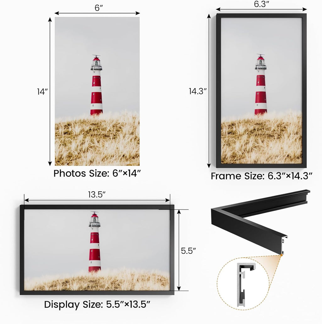 6x14 Aluminum Metal Picture Frame,Tempered Glass Black Photo Frame 6x14 for Family Photo,Posters,Art,Document to Wall Mount Horizontally or Vertically
