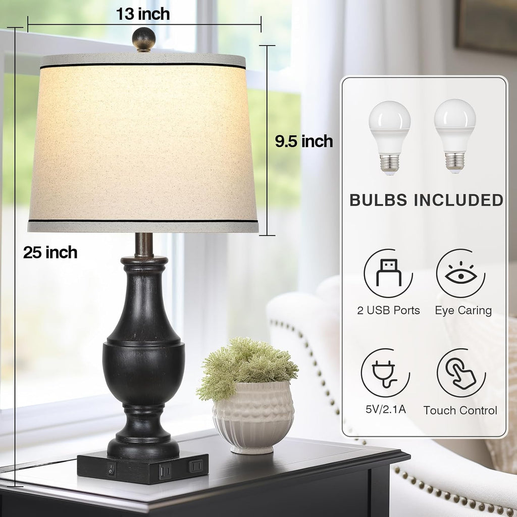 Table Lamps for Living Room Set of 2, Farmhouse Vintage Table Lamp with USB A+C Charging Ports & AC Outlet, 25" Black Rustic Traditional Lamps for Bedroom Nightstand Desk(2 LED Bulbs Included)