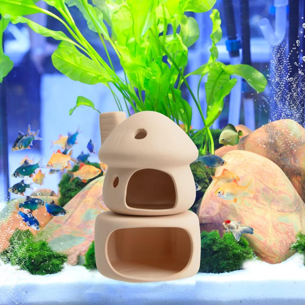 Aquarium Decor Ceramic Mushroom House with Cave Set Ornament Fish Tank Landscape Decoration for Small Shrimp for Goldfishes to Rest (Yellow)
