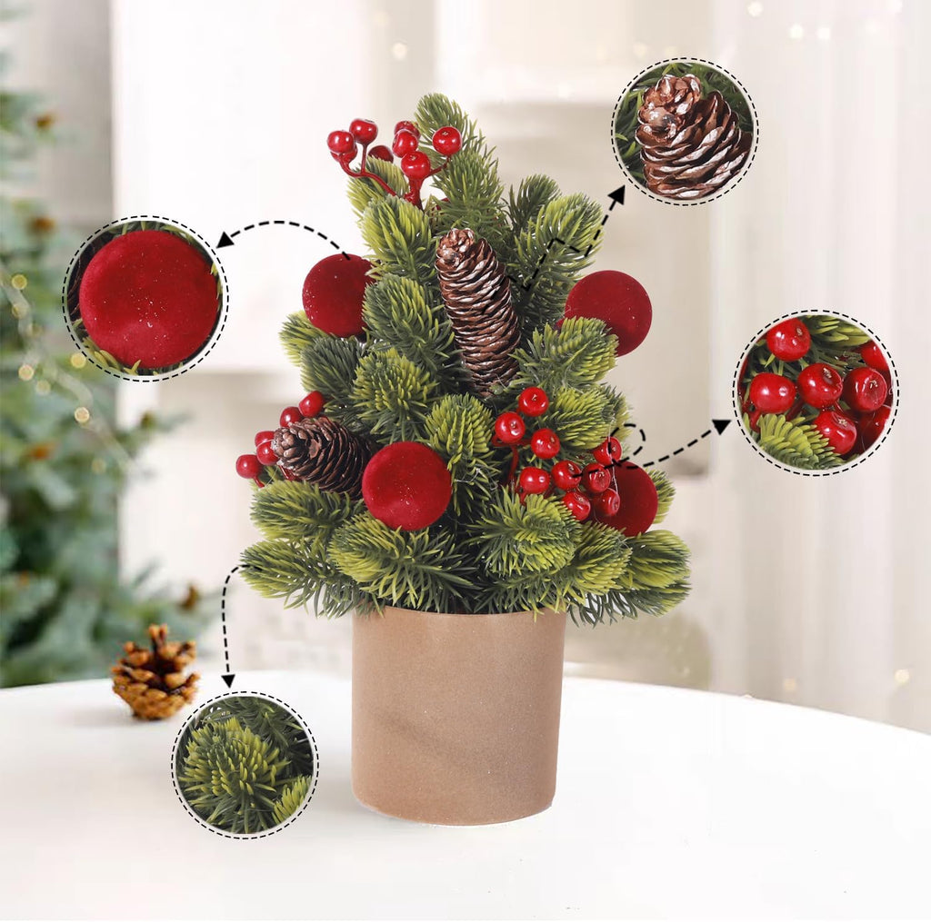 Mini Christmas Tree with Red Berries Balls Pine Cones in Brown Pot, 2 Pack Miniature Christmas Trees Xmas Table Decor Small Christmas Decorations for Bedroom Xmas Table Centerpieces