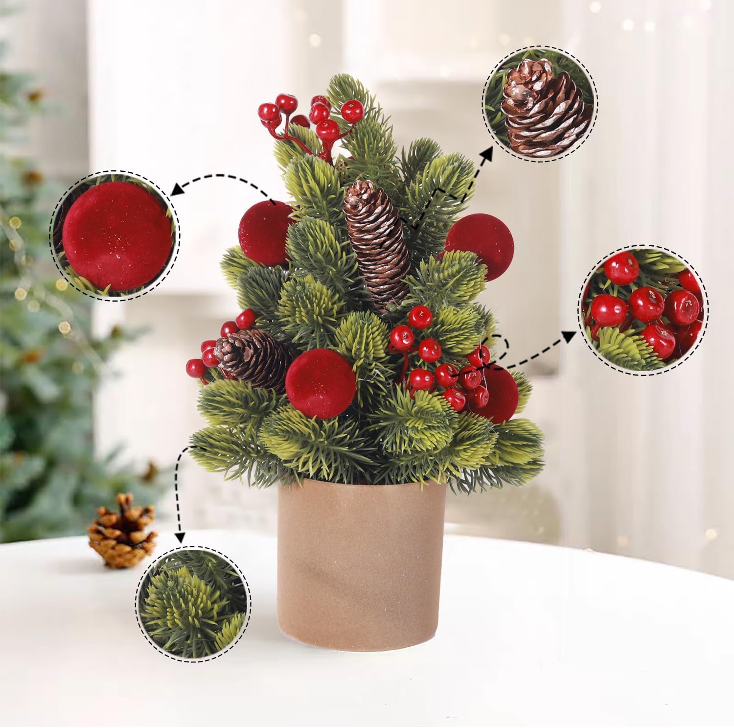 Mini Christmas Tree with Red Berries Balls Pine Cones in Brown Pot, 2 Pack Miniature Christmas Trees Xmas Table Decor Small Christmas Decorations for Bedroom Xmas Table Centerpieces