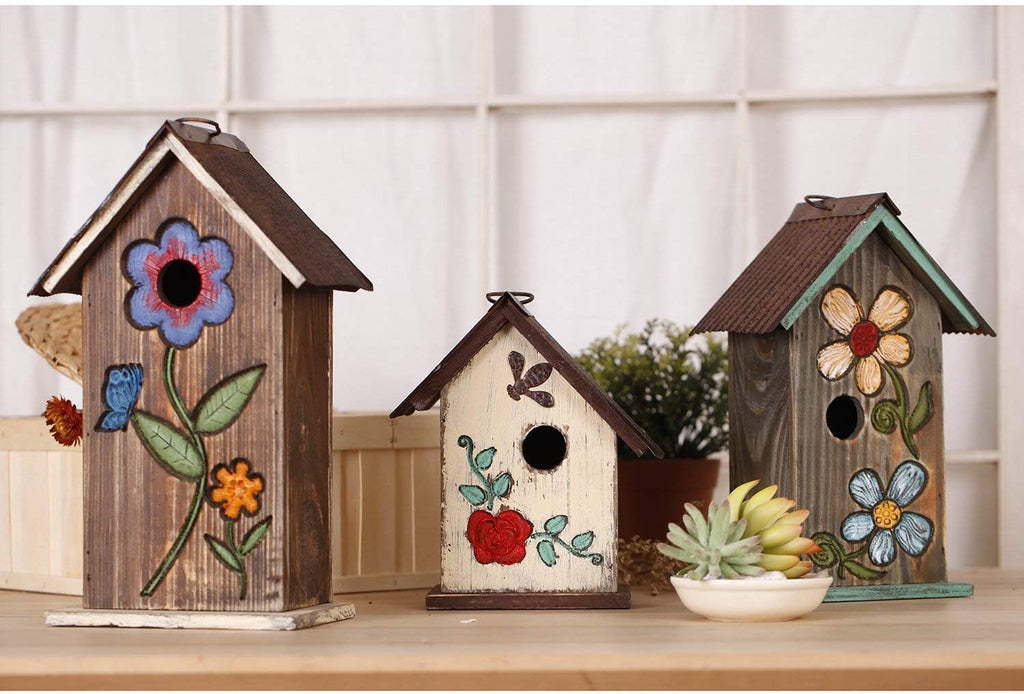 Topadorn Bird House Wooden Carved Floral Birdhouse with Hoop Hanging Birdhouse for Garden Yard Porch Decoration,11 Inch