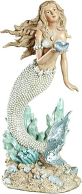 Touch of Class Oceana Mermaid Coastal Sculpture | Handpainted Resin Figurine | Pearlescent Accents, Blue Shell & Pearl-Toned Tail | 16" Decorative Mermaid Statue for Beach or Ocean Decor
