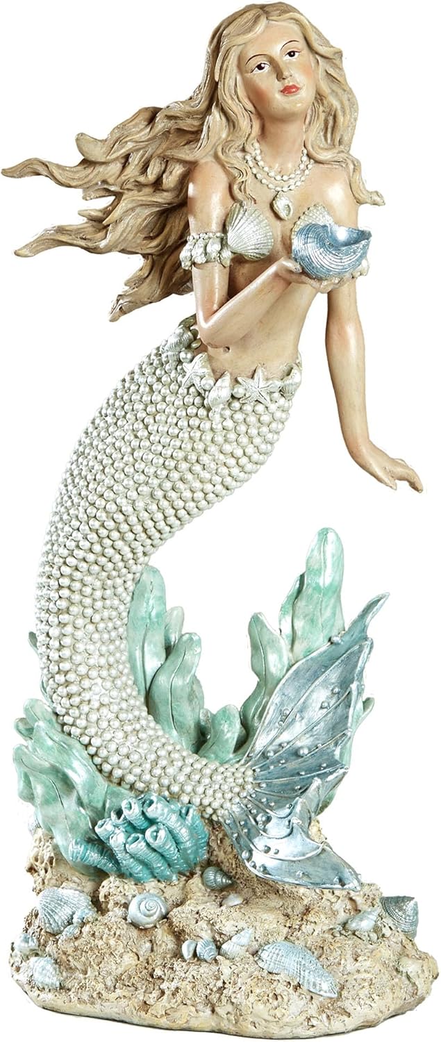 Touch of Class Oceana Mermaid Coastal Sculpture | Handpainted Resin Figurine | Pearlescent Accents, Blue Shell & Pearl-Toned Tail | 16" Decorative Mermaid Statue for Beach or Ocean Decor
