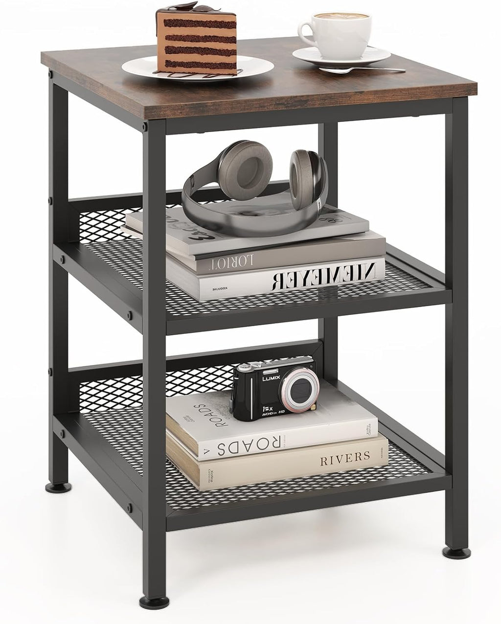 Tangkula Square Side Table, 3-Tier Nightstand with Dual Mesh Shelves, Industrial End Table for Living Room, Bedroom & Kitchen, Sofa Side Table, 16 x 16 x 21.5 Inch (Rustic Brown, 1 Pack)