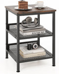 Tangkula Square Side Table, 3-Tier Nightstand with Dual Mesh Shelves, Industrial End Table for Living Room, Bedroom & Kitchen, Sofa Side Table, 16 x 16 x 21.5 Inch (Rustic Brown, 1 Pack)