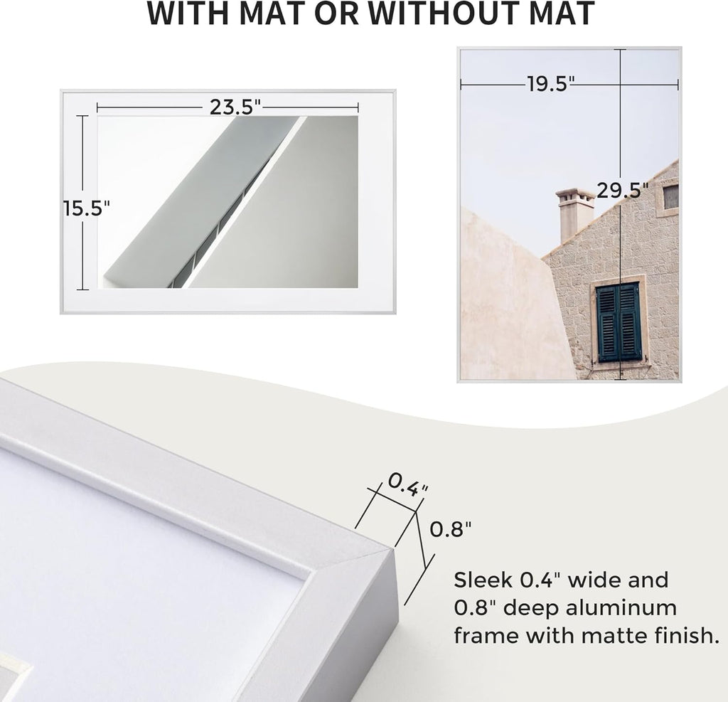20x30 Metal Picture Frame with 16x24 Mat, Brushed Aluminum Finish, Tempered Glass Front, and Attached Hanging Hardware - Versatile Wall Display Frames for Vertical or Horizontal Orientation(Silver,