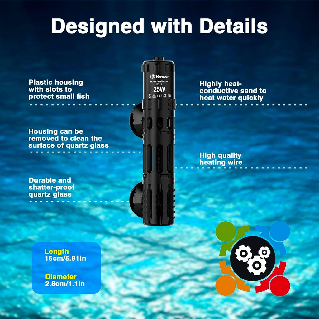 Fish Tank Heater with LED Digital Display Thermostat, Submersible Aquarium Heater with Protective Housing, 25W Adjustable Fish Heater for 3-5 Gallon Tanks