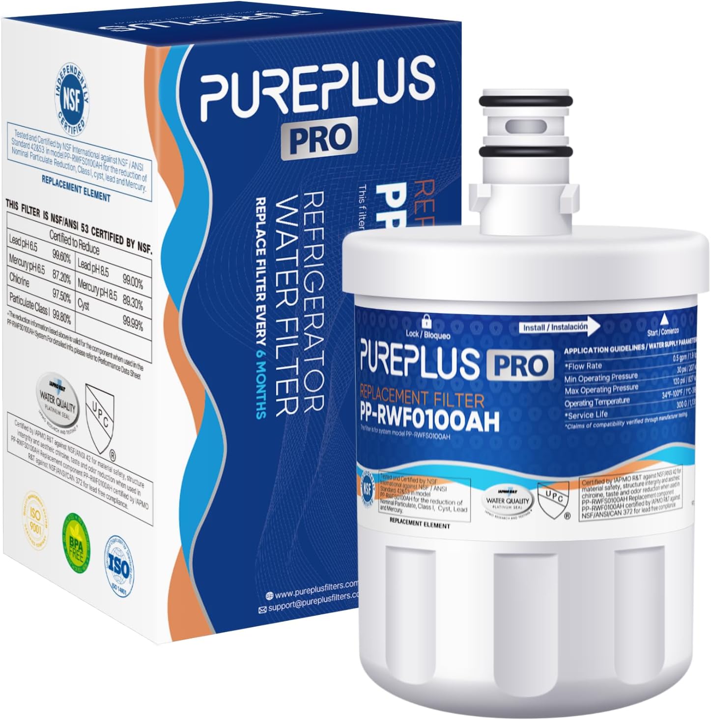 PUREPLUS PRO NSF/ANSI 53&42 Certified Refrigerator Water Filter Replacement for LG LT500P, ADQ72910901, GEN11042FR-08, Kenmore 9890, 469890, HDX FML-1, ADQ72910907 Refrigerator Water Filter, 1Pack