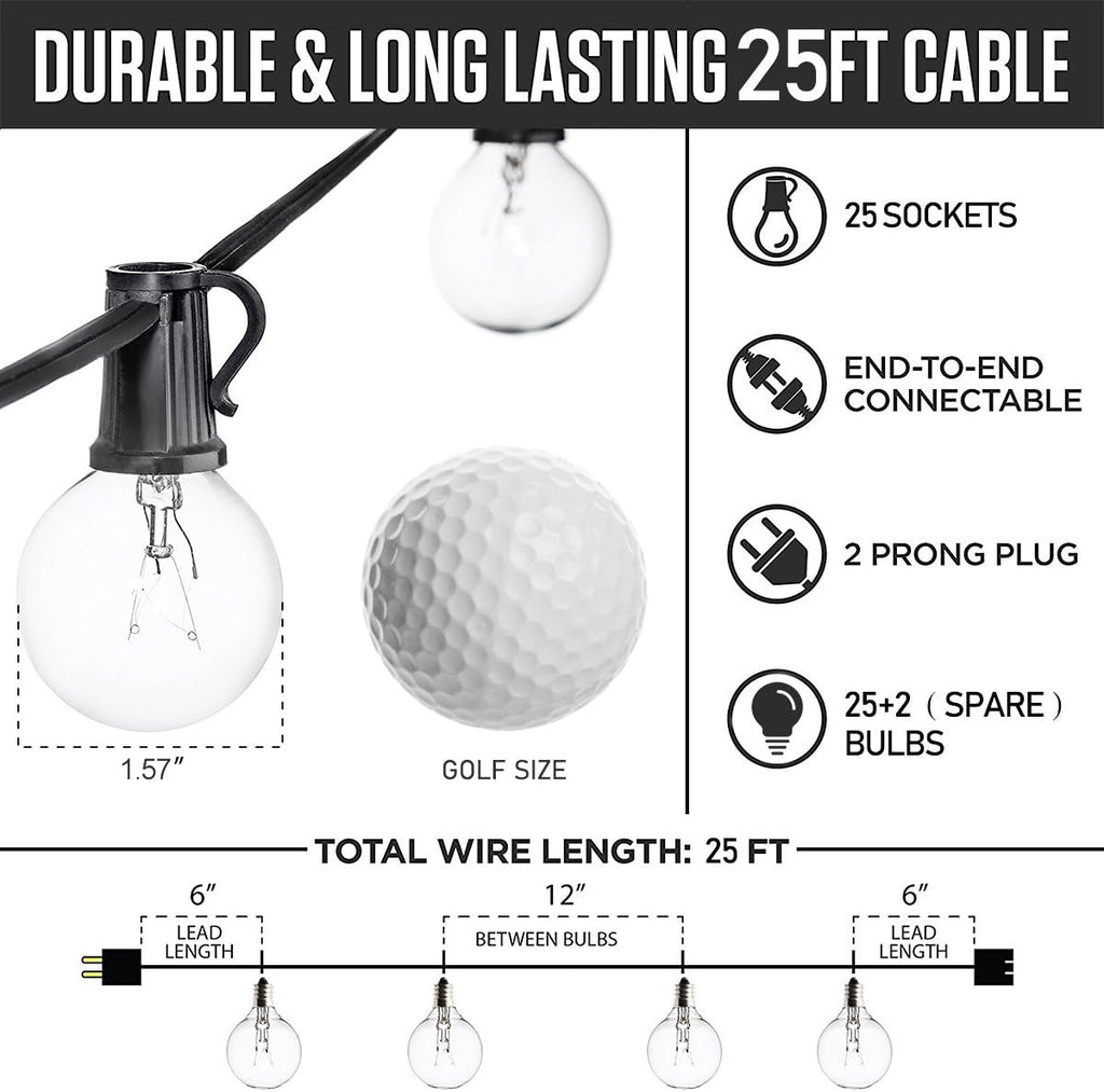 Globe String Lights with 27 Clear G40 Bulbs, Connectable Outdoor /Indoor Lights for Wedding Christmas Camping RV Garden Patio Gazebo Porch Pergola Bistro Backyard Balcony Deck, 25ft Black Wire