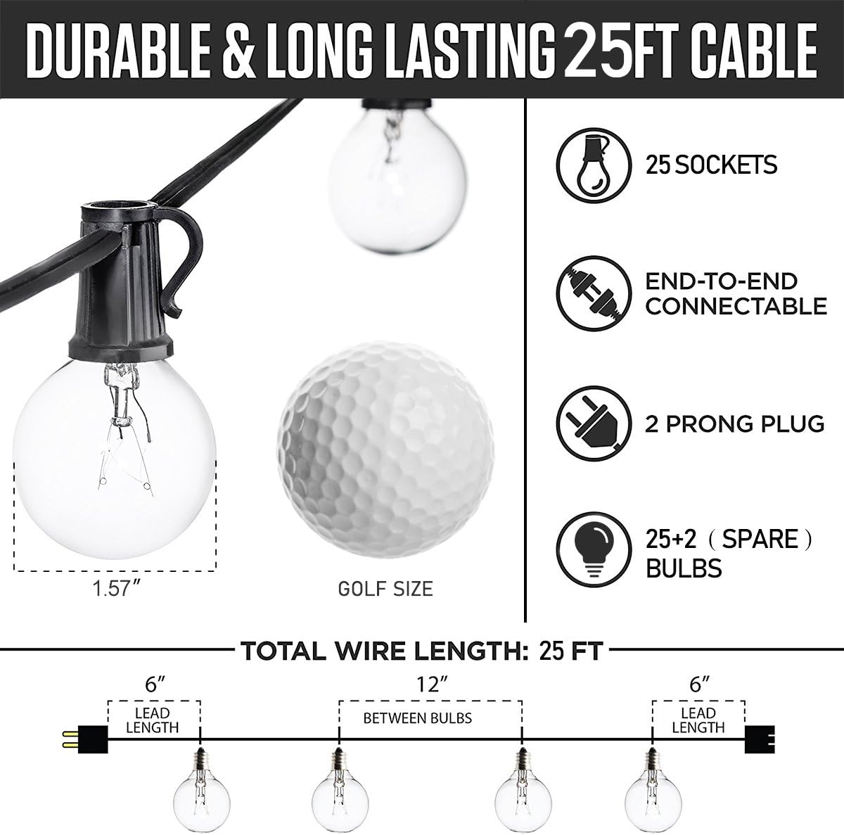 Globe String Lights with 27 Clear G40 Bulbs, Connectable Outdoor /Indoor Lights for Wedding Christmas Camping RV Garden Patio Gazebo Porch Pergola Bistro Backyard Balcony Deck, 25ft Black Wire