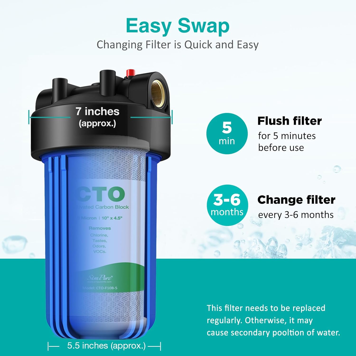 SimPure Whole House Water Filter Cartridges 5 Micron 10" x 4.5" CTO Activated Carbon Block, For DB10P, DB10C-2, GE GXWH40L, GXWH35F, BB10, FXHTC, FC15B, 8 Pack