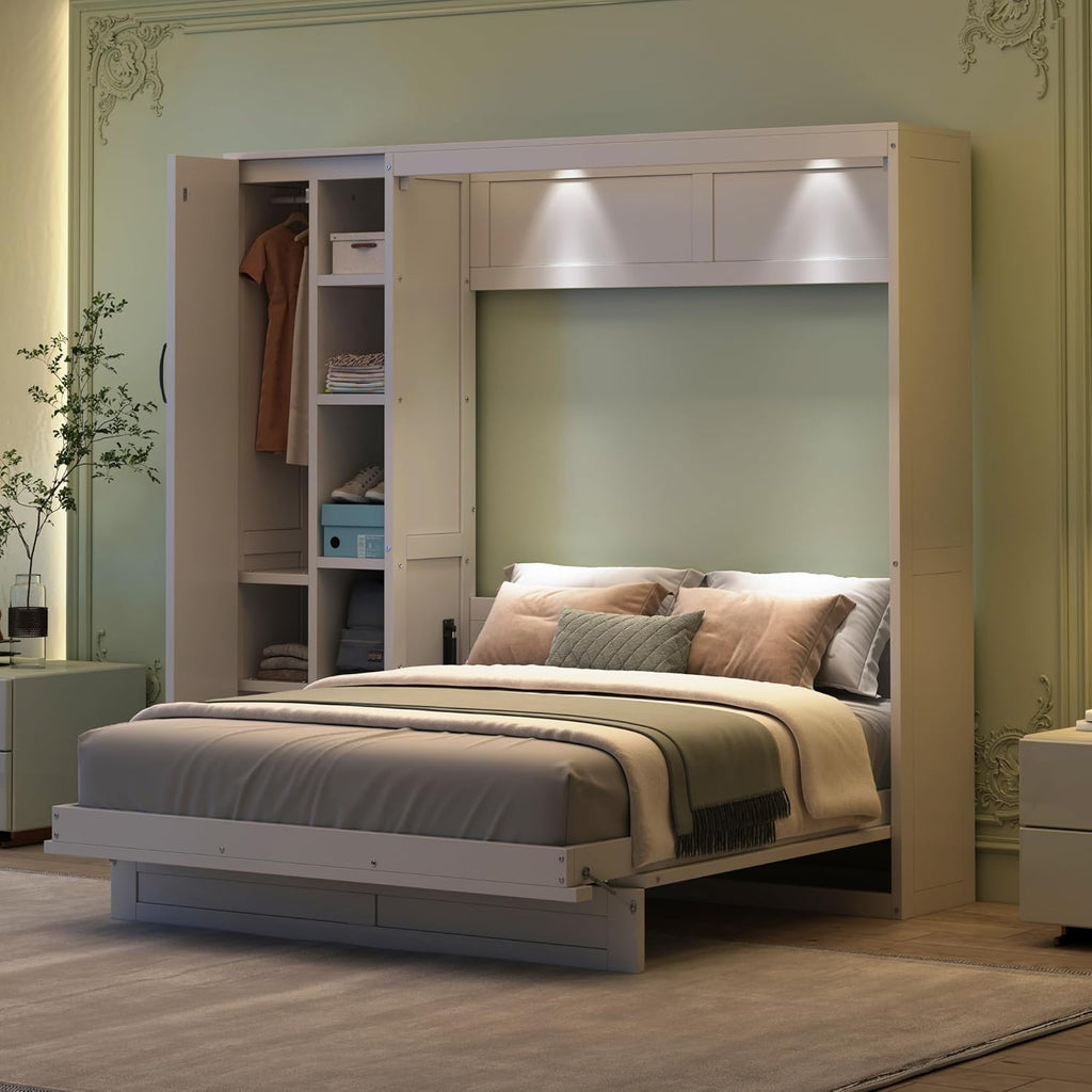 Merax Full Size Murphy Bed Wall Bed with Shelves, Drawers and LED Lights,White