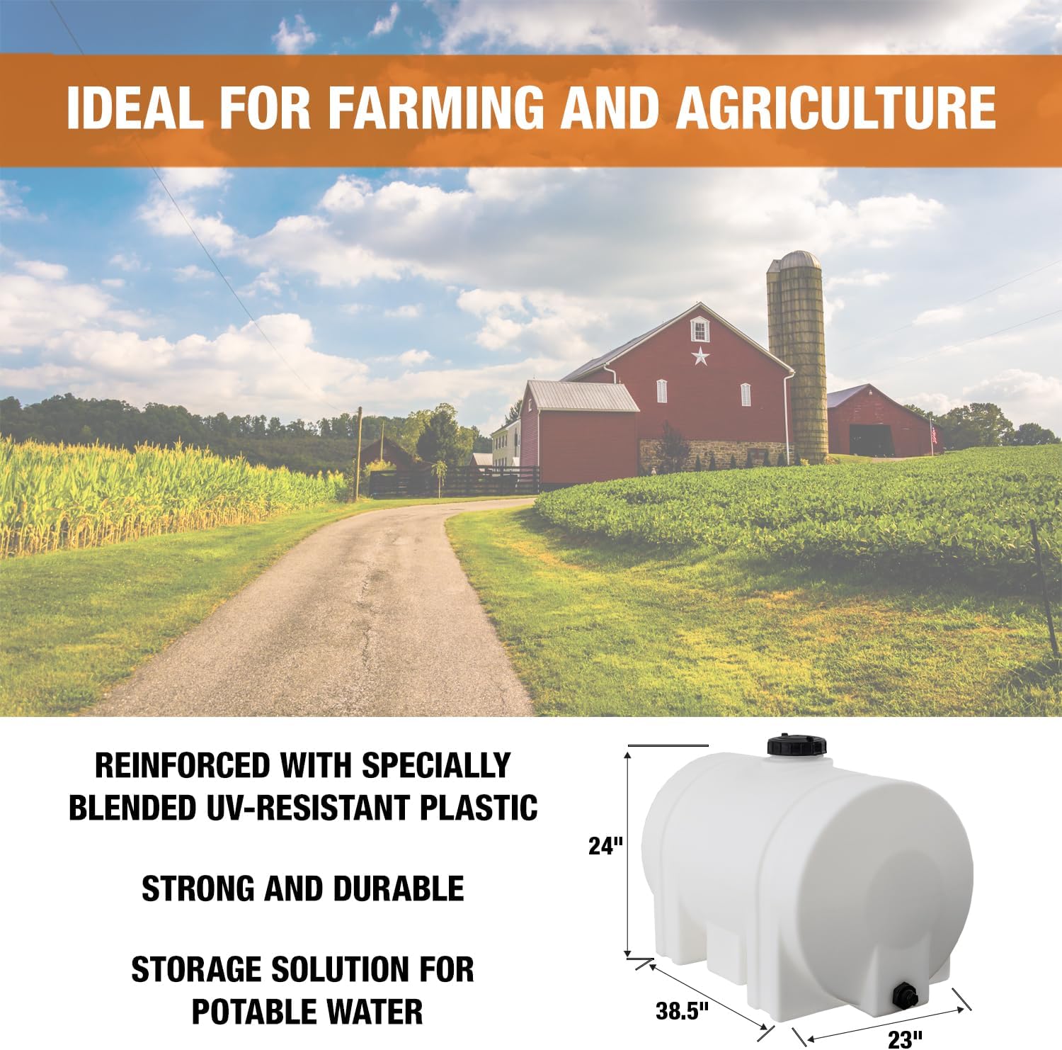 RomoTech 60 Gallon Polyethylene Storage Tank with Legs–Heavy-Duty Horizontal Water Storage Tank for Farms, Industrial or Chemical Use–UV-Resistant, Rustproof, BPA-Free Plastic Liquid Tank, 82123939