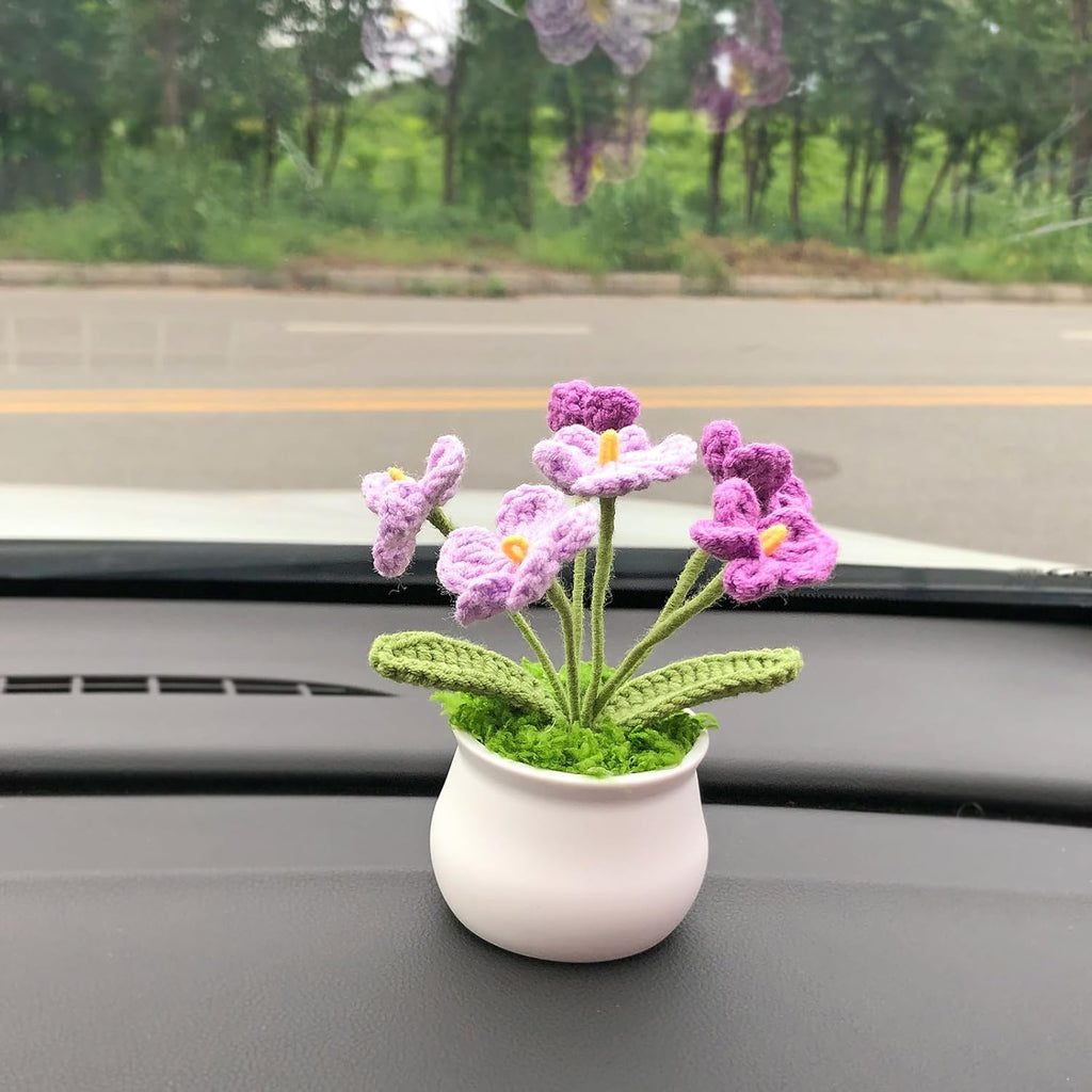 Crochet Flowers Cute Little Potted Flower, Gift for Birthday, Teacher’s Day, Graduation, Anniversary, Christmas, Decor for Car Dashboard,Home Office Decoration (Purple Gradient Myosotis)