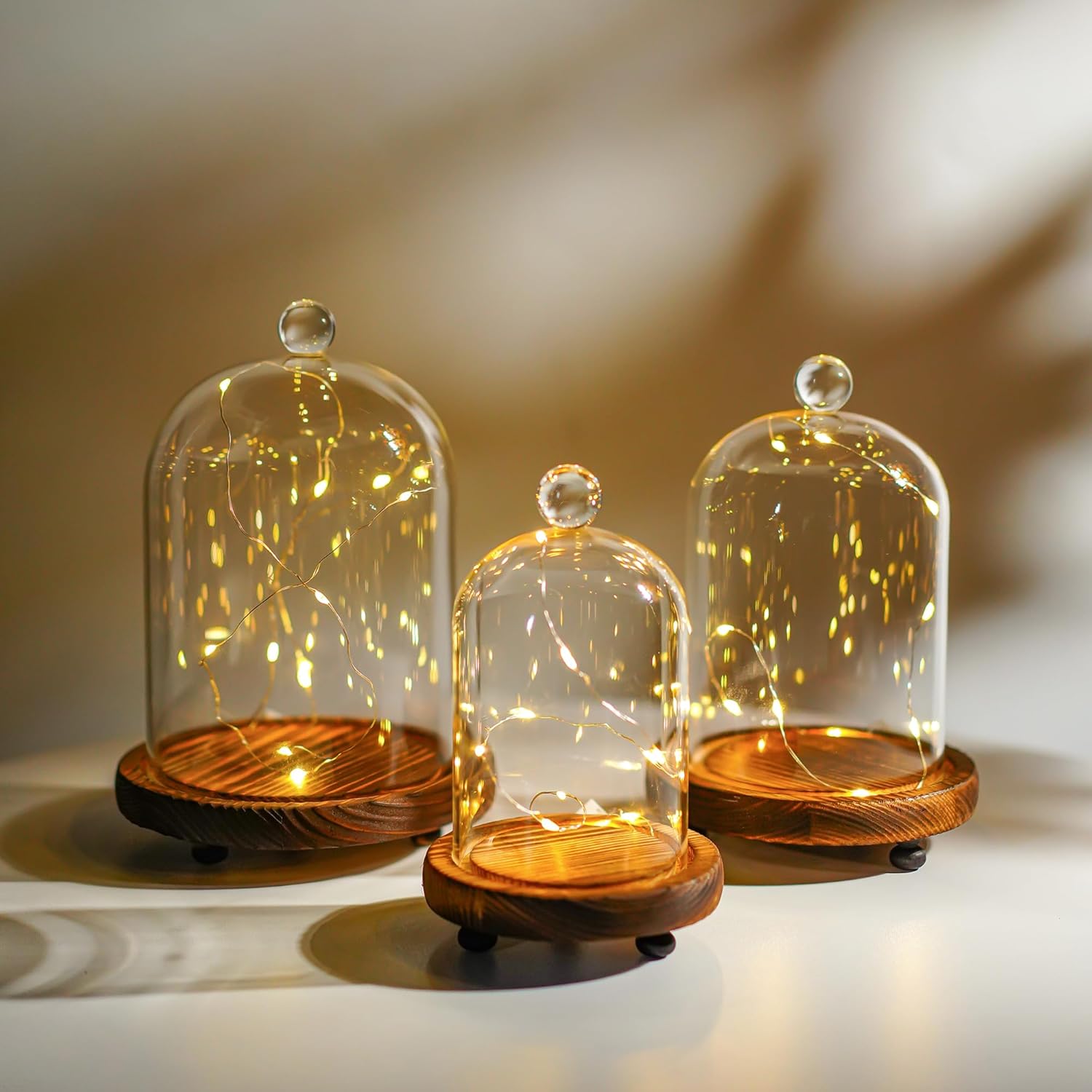 ZEERSHEE Set of 3 Glass Bell Shape Dome with Wooden Base(4.5''/3.7''/3''), Clear Decorative Glass Dustproof Dome with Handle for Home Party Wedding Decor