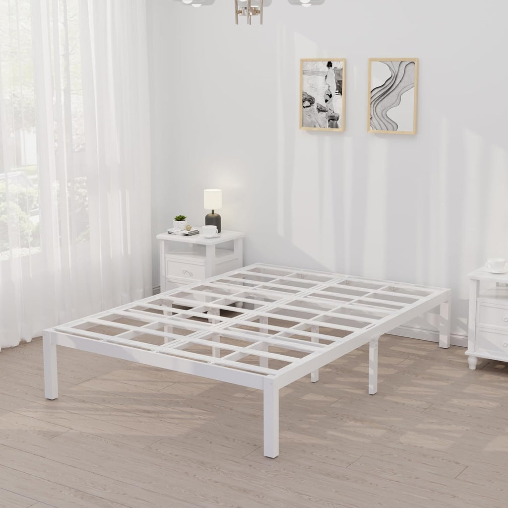 14 Inch Bamboo Bed Frame – Solid Wood Platform Bed Frame, Strong and Stable, with Non-Slip Slats for Support, No Box Spring Needed, Easy to Assemble, Noise-Free (White, Full)