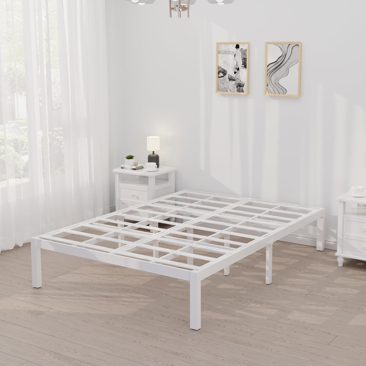 14 Inch Bamboo Bed Frame – Solid Wood Platform Bed Frame, Strong and Stable, with Non-Slip Slats for Support, No Box Spring Needed, Easy to Assemble, Noise-Free (White, Full)