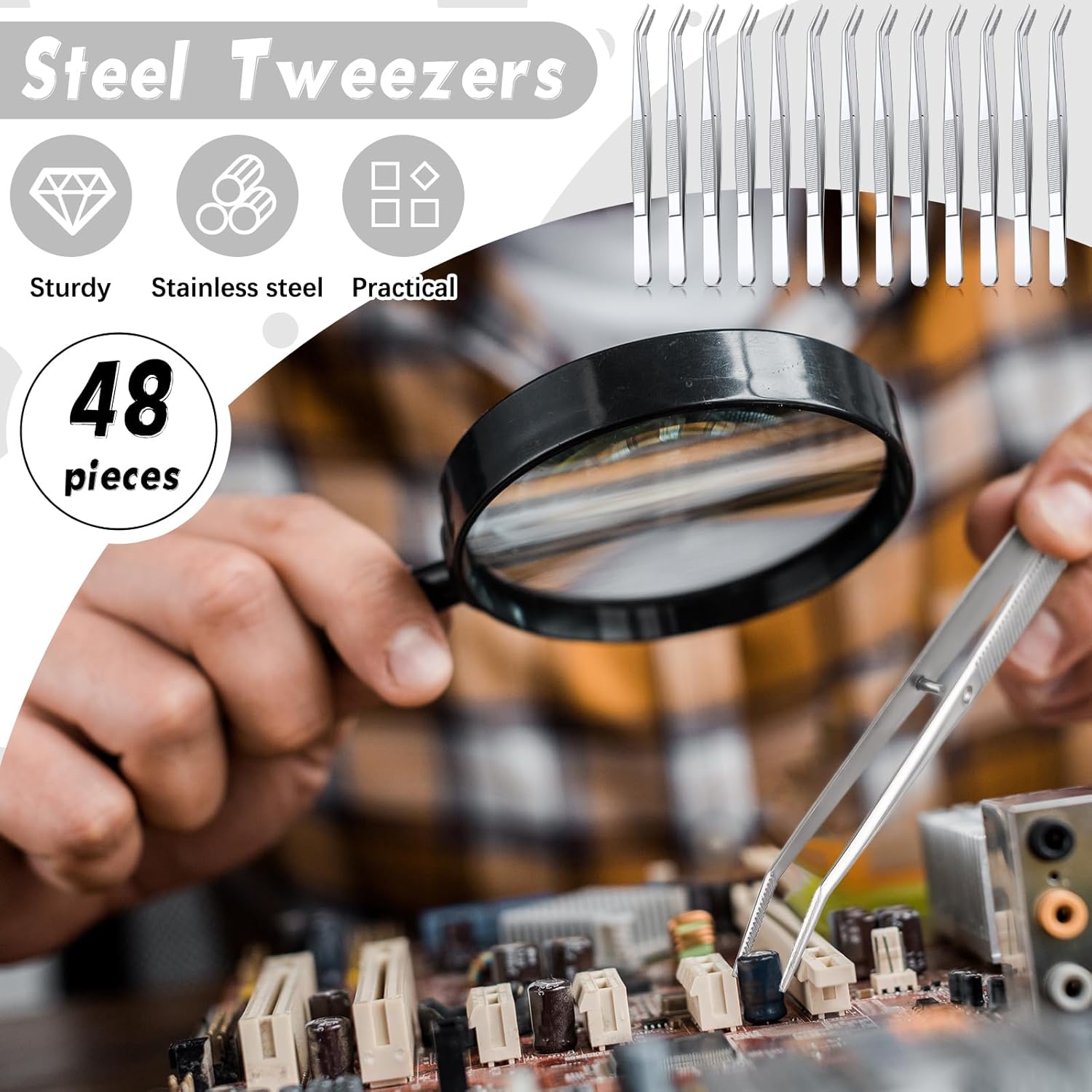 Honoson 48 Pcs Stainless Steel Tweezers for Crafting with Curved Serrated Tip Multipurpose Forceps Sewing Machine Tweezers Bulk (Silver)