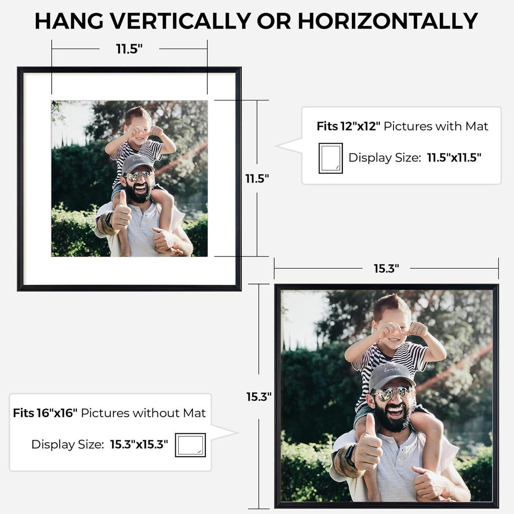 RICHFOCUS Aluminum Picture Frame - 16x16 Black Metal Frame with Mat for 12x12 Photo, Floating Frame with Tempered Glass - Poster Frame Wall Hook Included for Gallery Wall