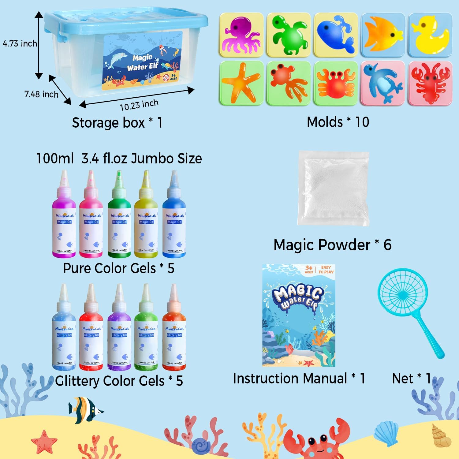 MINISENTIALS Magic Water Elf Toy Kit - 10 Colors Aqua Art Gel 100ml Jumbo Size Famliy Set - 10 Sea Creature Molds Magic Fairy Squishy Maker - Party Favor Birthday Christmas Gift for Kids