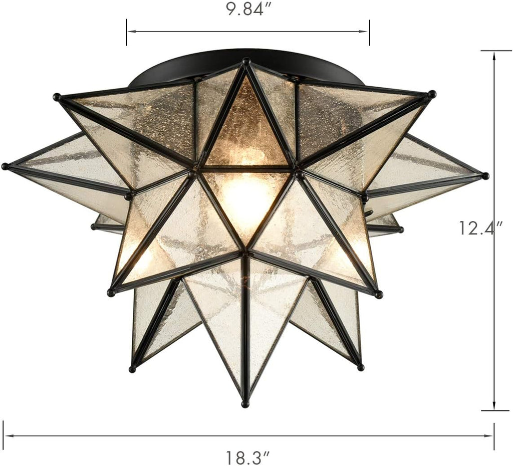 DAYCENT Boho Moroccan Seeded Glass Black Moravian Star Flush Mount Ceiling Light Fixture, 18 Inches