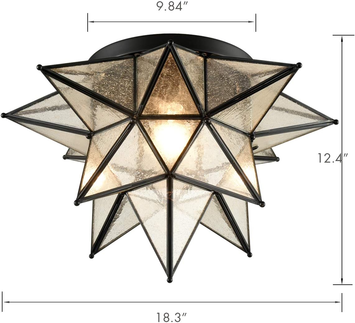 DAYCENT Boho Moroccan Seeded Glass Black Moravian Star Flush Mount Ceiling Light Fixture, 18 Inches
