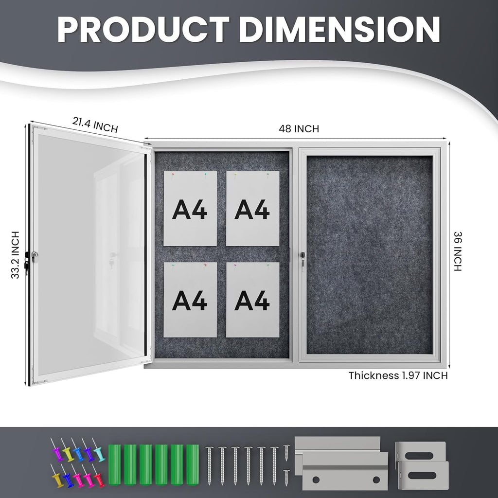 48"x36" Lockable Enclosed Bulletin Board, Outdoor Flet Weather-Resistant Aluminum Frame Notice Board, Wall Mounted Display Case Acrylic Doors for School,Office,Silver Frame w/Grey Flet