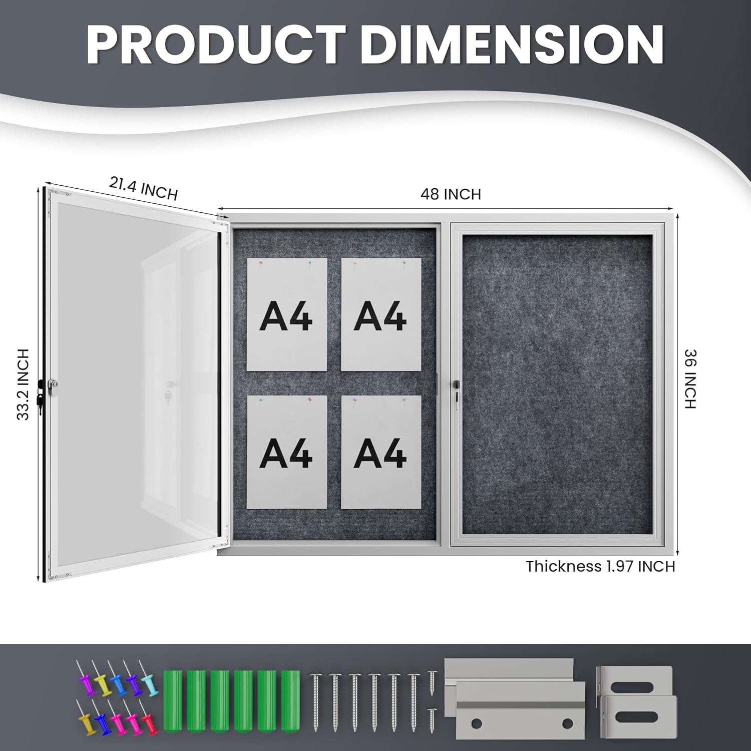 48"x36" Lockable Enclosed Bulletin Board, Outdoor Flet Weather-Resistant Aluminum Frame Notice Board, Wall Mounted Display Case Acrylic Doors for School,Office,Silver Frame w/Grey Flet