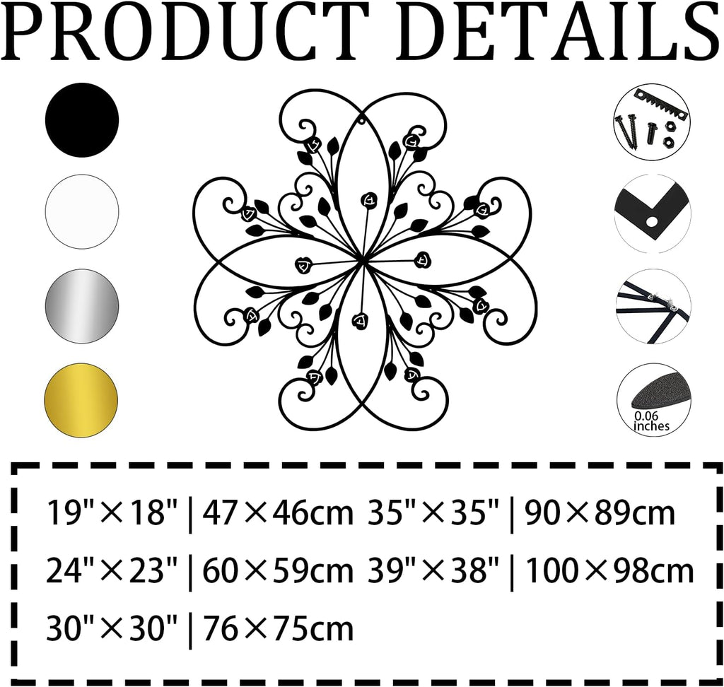 Aportif Metal Flowers Wall Decor, Metal Leaf Wall Decor, Scroll Artwork, Floral Art, Wrought Iron Scroll Art, Minimalist Artwork, Bedroom Decorations (Black, 19"×18" | 47×46cm)