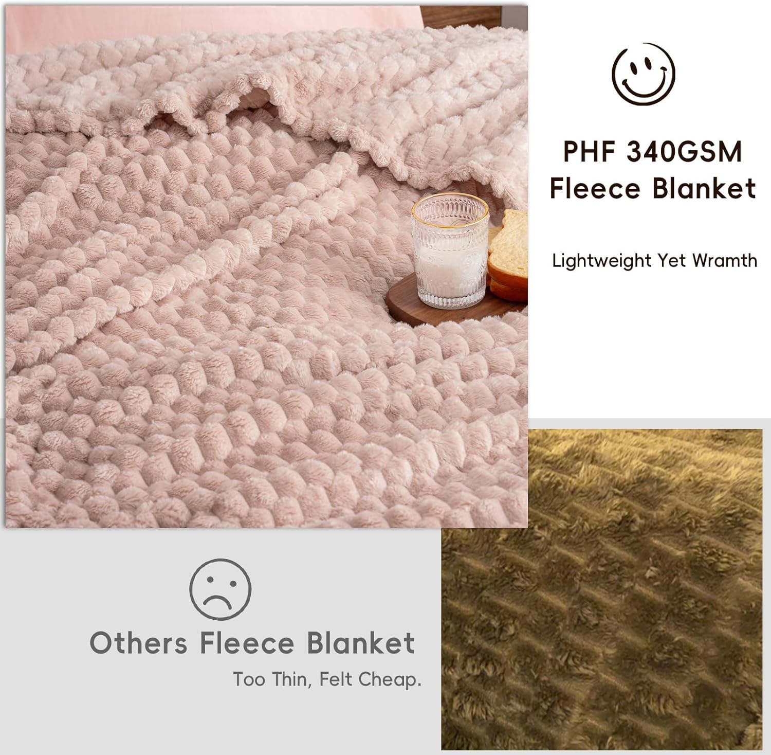 PHF Ultra Soft Flannel Fleece Blanket Queen Size, Lightweight 3D Jacquard Fleece Blanket, No Shedding, No Pilling, Luxury 340GSM Aesthetic Fluffy Cozy for Bed Room Decor, 90"x90", Rose Smoke