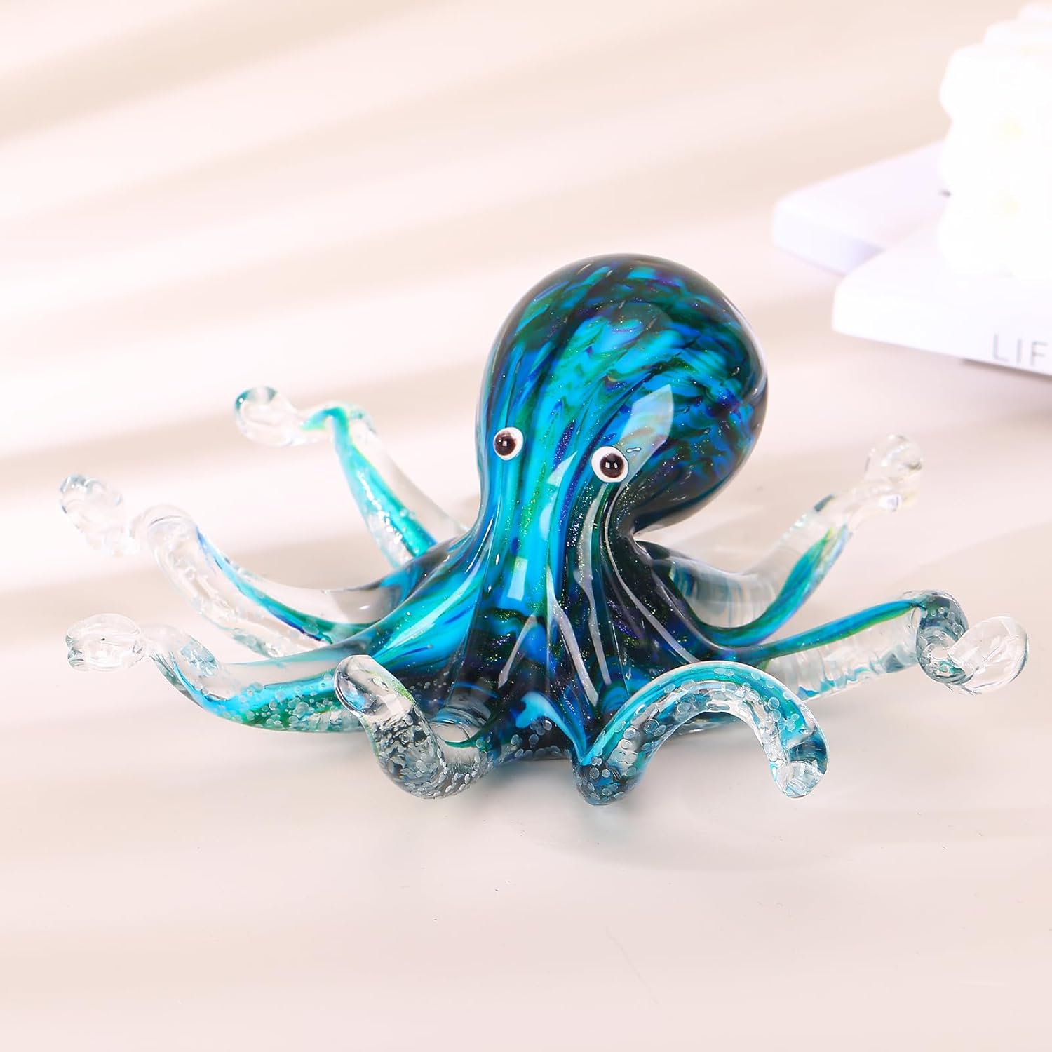 LCCCK Glass Octopus Statue Home Decor, Hand Blown Glass Decor Ocean Figurines Octopus Sculpture, Murano Art Office Desk Paperweights Fish Tank Aquarium Sea Animals Christmas Birthday Gift