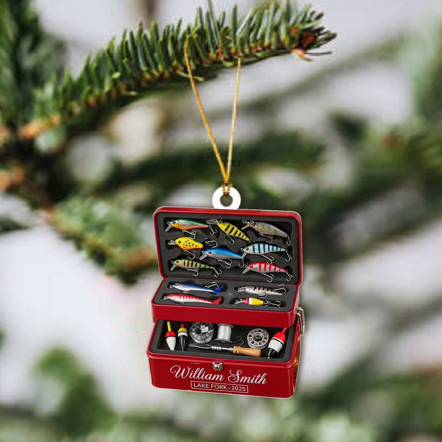 Personalized Fishing Tackle Box Ornament - Fisherman Lure Bait Ornaments Christmas Tree Decor - Outdoor Sportsman Hanging Xmas Decorations Gift for Anglers, Dads & Camping Lovers
