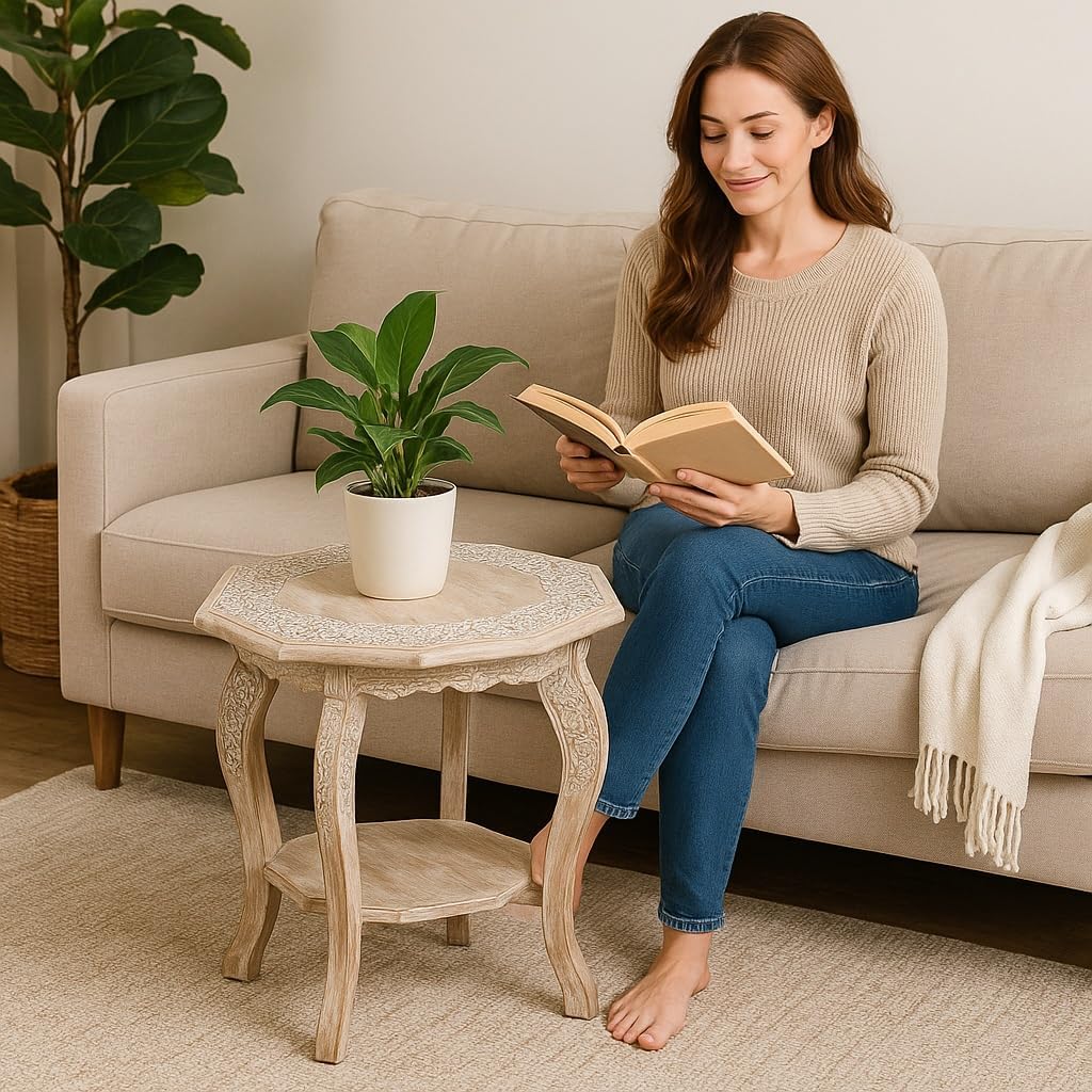 Hand Carved Wooden Octagon Coffee Table, 24"x24"x18" White wash Farmhouse Accent End Table, Rustic Foldable Side Table Nightstand for Bedroom, Dining Room & Living Room