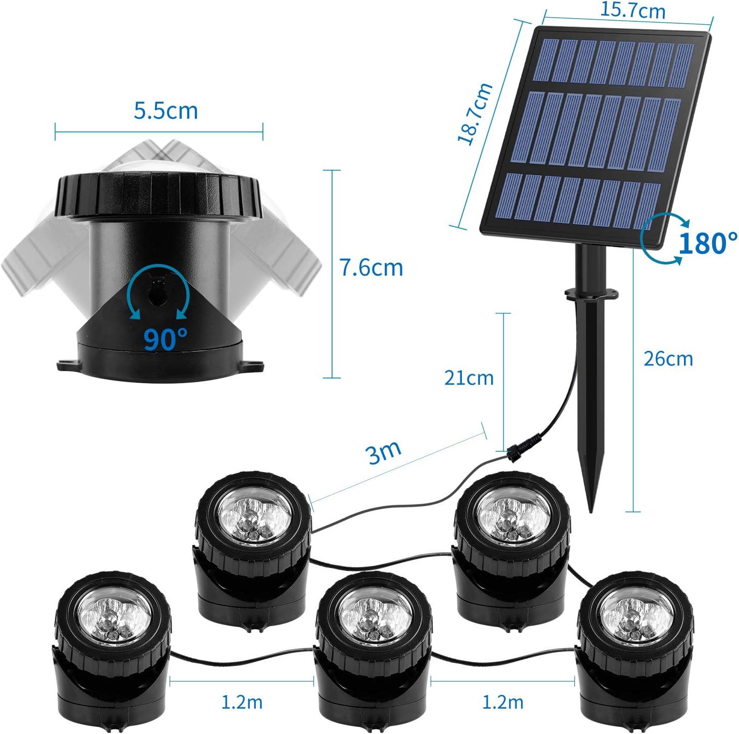 T-SUN Solar Pond Lights, 5 Headlamp RGB LED Spotlights Color Changing Submersible Fountain Lights, Underwater Solar Fish Tank Light Adjustable Lighting Angle for Garden Fountain, Pond, Pool Decoration