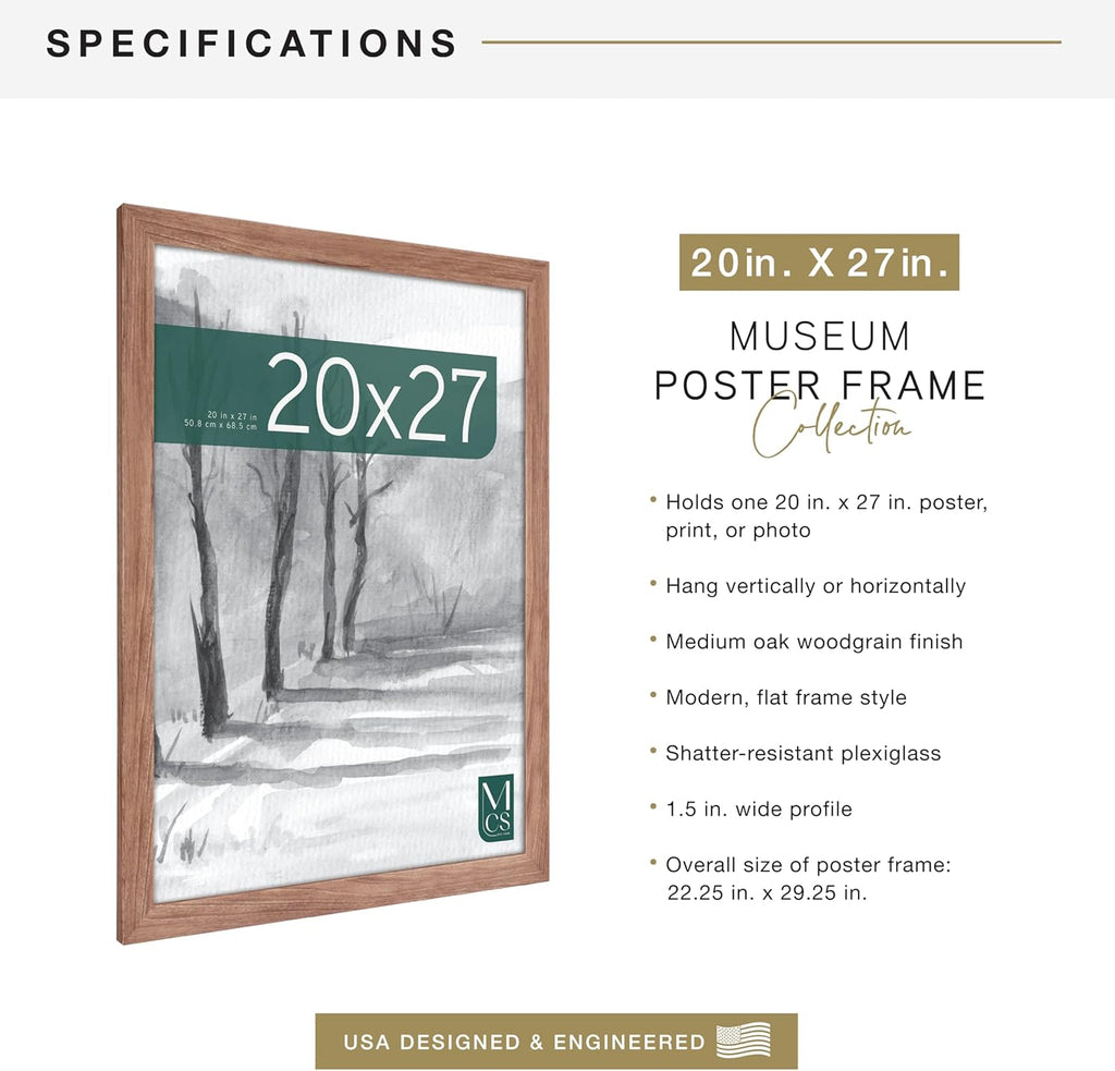 MCS Museum Poster Frame 20x27 Medium Oak Woodgrain, Vertical & Horizontal Wall Hanging Large Picture Frame for Photos, Posters & Art Prints (1-Pack)
