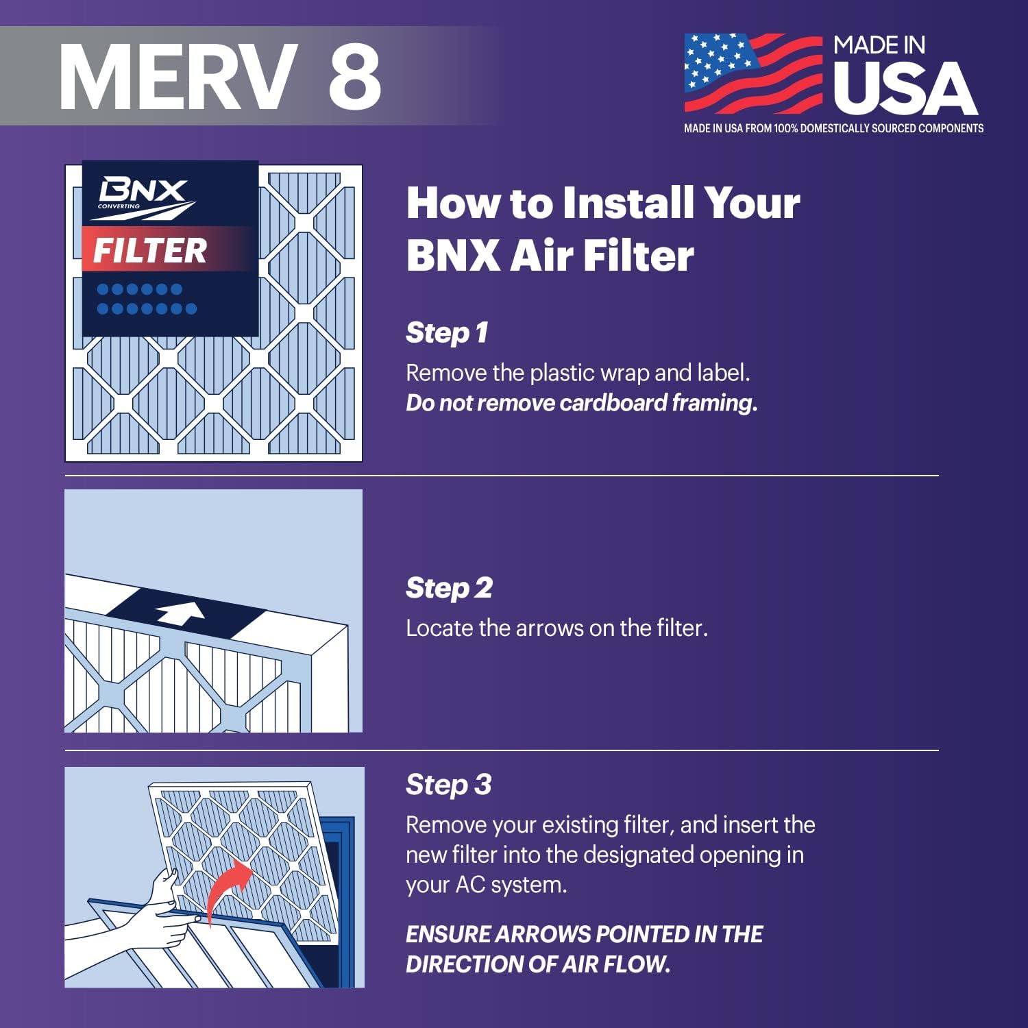BNX TruFilter 20x25x1 Air Filter MERV 8 (4 Pack) - MADE IN USA – Dust & Pet Defense Electrostatic Pleated Air Conditioner HVAC AC Furnace Filters for Dust, Pet, Mold, Pollen MPR 600 – 700 & FPR 5