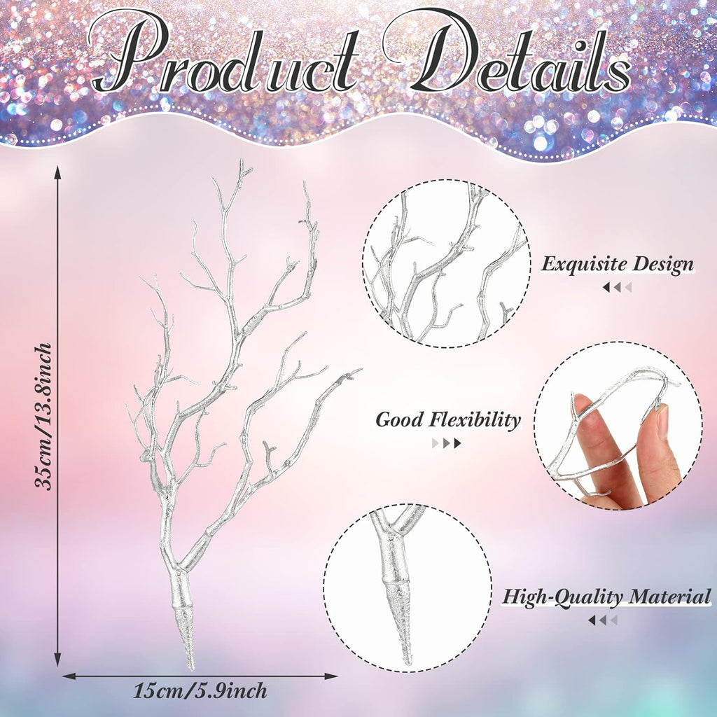 Geosar 13.8 Inch Small Manzanita Branches Plastic Faux Branches Artificial Antler Shaped Tree Branch Decorative Plant Twigs for Home Wedding Table Centerpiece Festival Decors(Silver,10 Pieces)